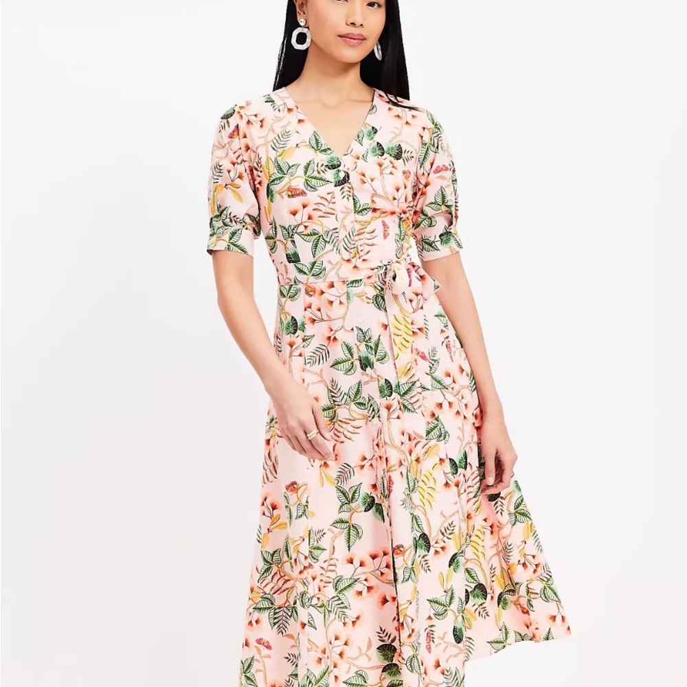 Pink and Green Tiered Wrap Midi Dress with Puff Sleeves